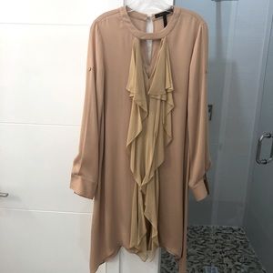 Tan chiffon loose fitting tunic. Below the knee. Great w high heeled boots.